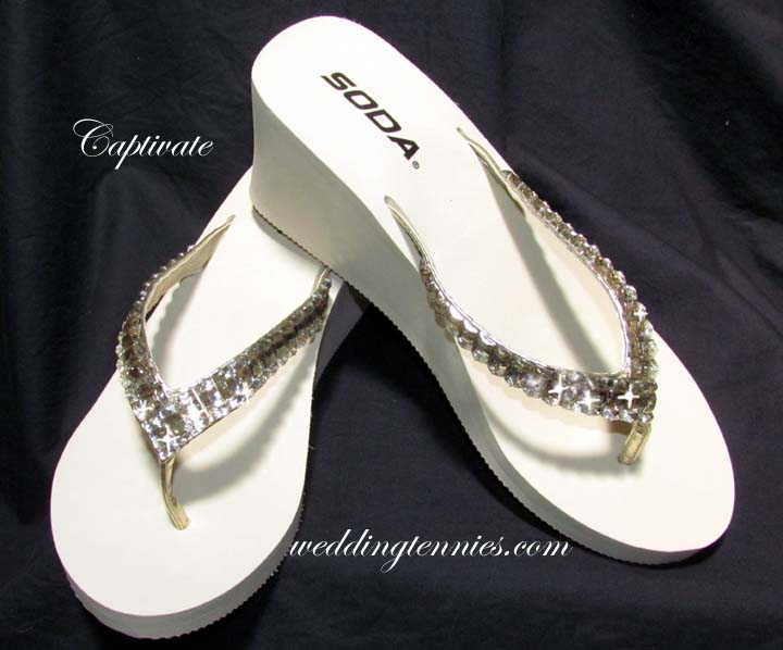 Light Ivory mini platform flip flops with rhinestones for weddings
