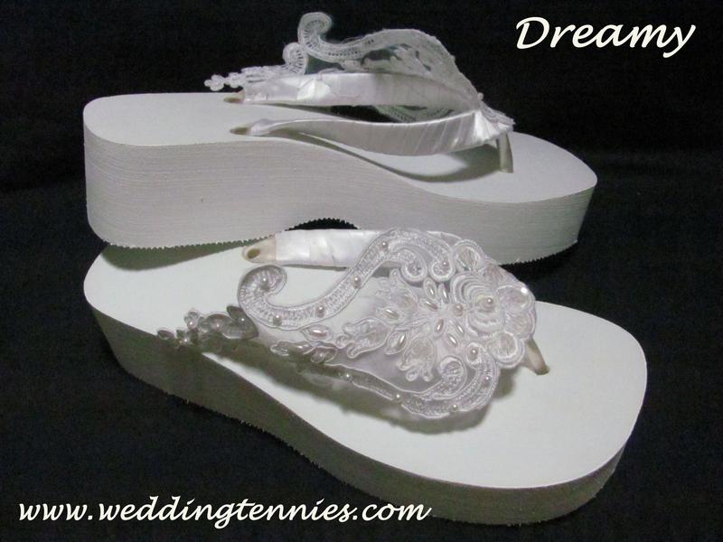 Mid high flip flops with lace, satin, and pearls
