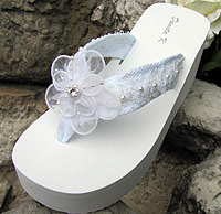 White Bridal Flip Flops with Lace andchiffon flower trim for Weddings