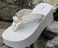 White and ivory lace and flower platform flip flops