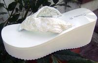 Light Ivory Lacey Bridal Flip Flops with pearls for weddings