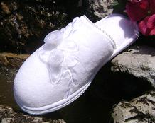 White Slippers with Chiffon Flower Trim brides and bridesmaids